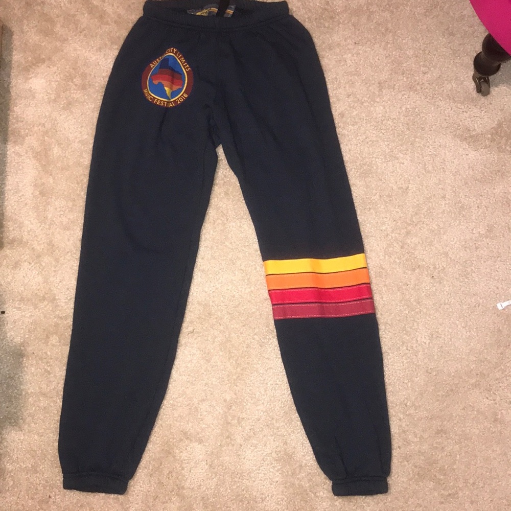 Aviator Nation Navy Track Pants with Red and Yellow Stripes